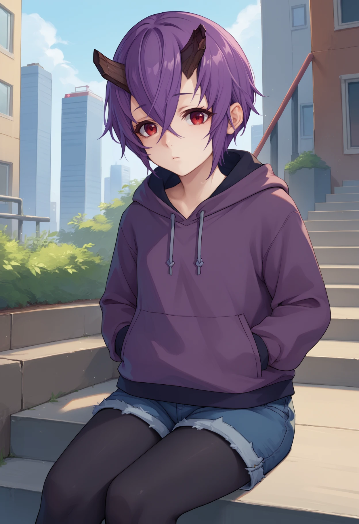 score_9, score_8_up, score_7_up, source_anime, <break> solo, 1girl, pcshinobu, expressionless, looking at you, sitting, stairs, hands in pockets, short hair, purple hair, black horns, broken horn, red eyes, purple hoodie, long sleeves, blue shorts, denim shorts, black pantyhose, outdoors, city
<segment:yolo-face_yolov8m.pt,0.4,0.5//cid=1>