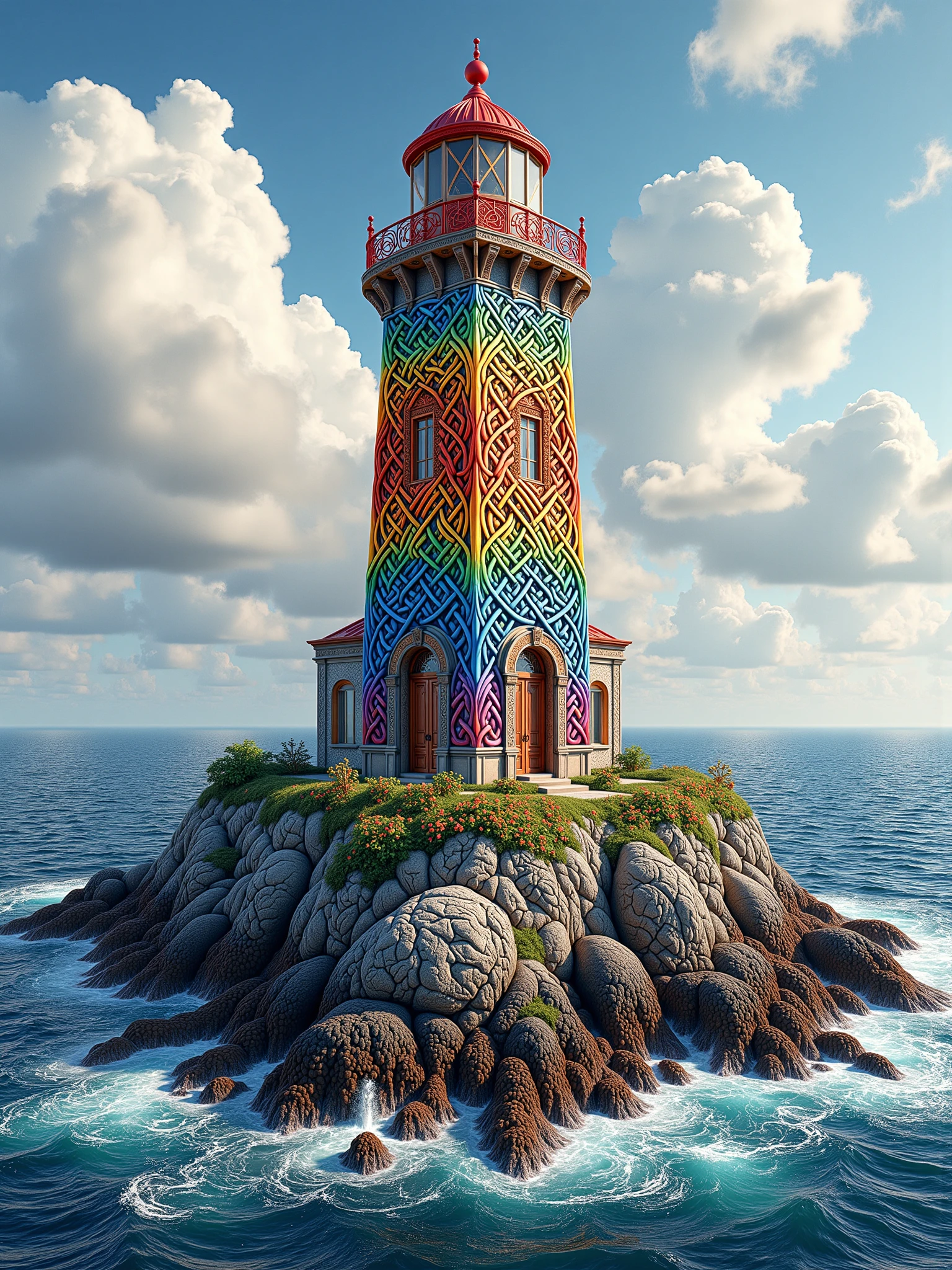 "mad-clrflvkngknt mad-tie-dye lighthouse on a rocky island in the clouds, haze, god rays <lora:colorful-viking-knot-flux:1>"