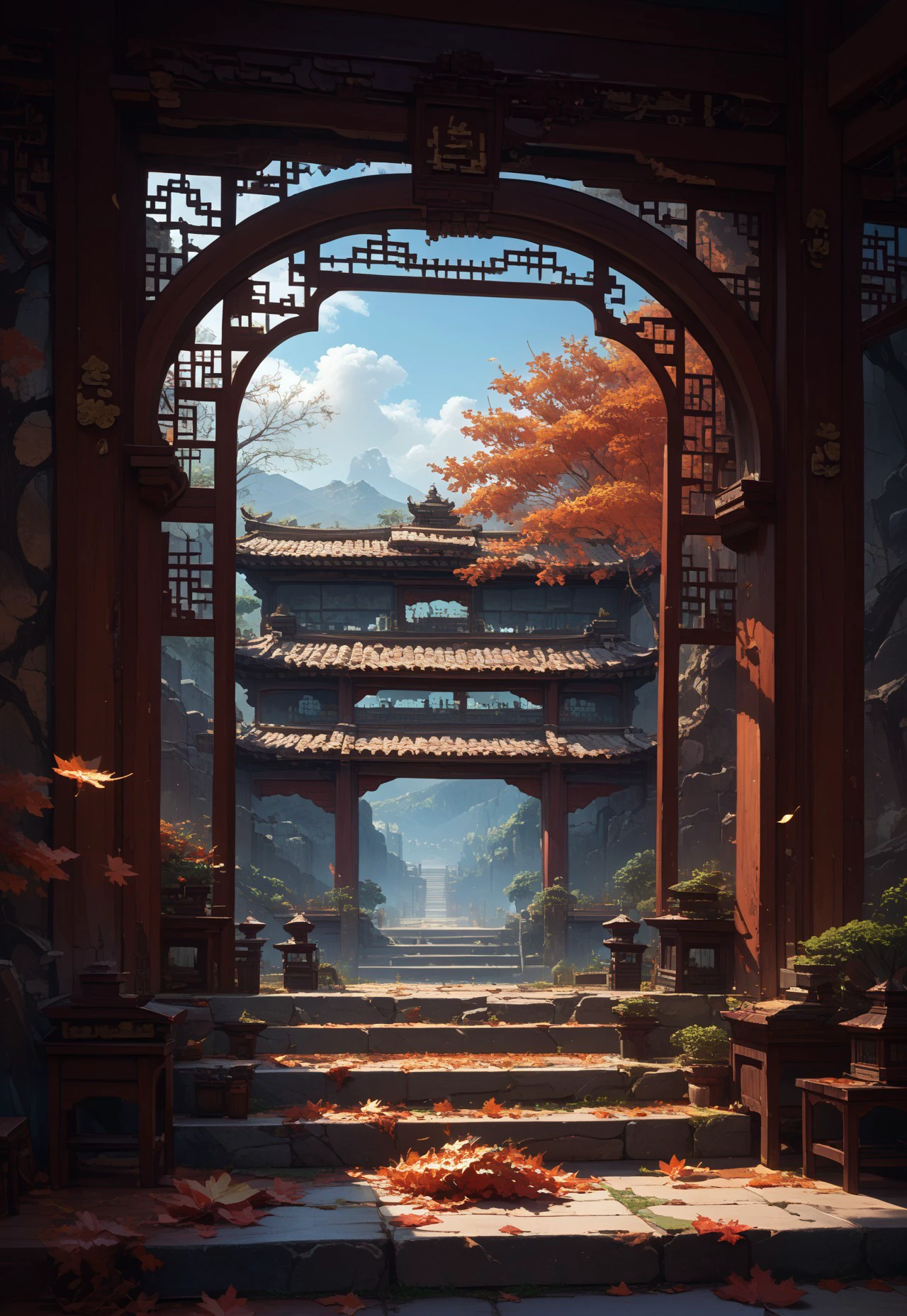 sdfxlz, architecture, scenery, east asian architecture, stairs, autumn leaves, leaf, no humans, falling leaves, tree, maple leaf, sky, day, window, cloud, autumn, lattice, round window, sunlight, railing, outdoors, indoors, stone stairs, pillar, blue sky, plant, portal, portals, doorway, futurism, fantasy, background, ultra hd, 32k BREAK PonyXLV6_Scores