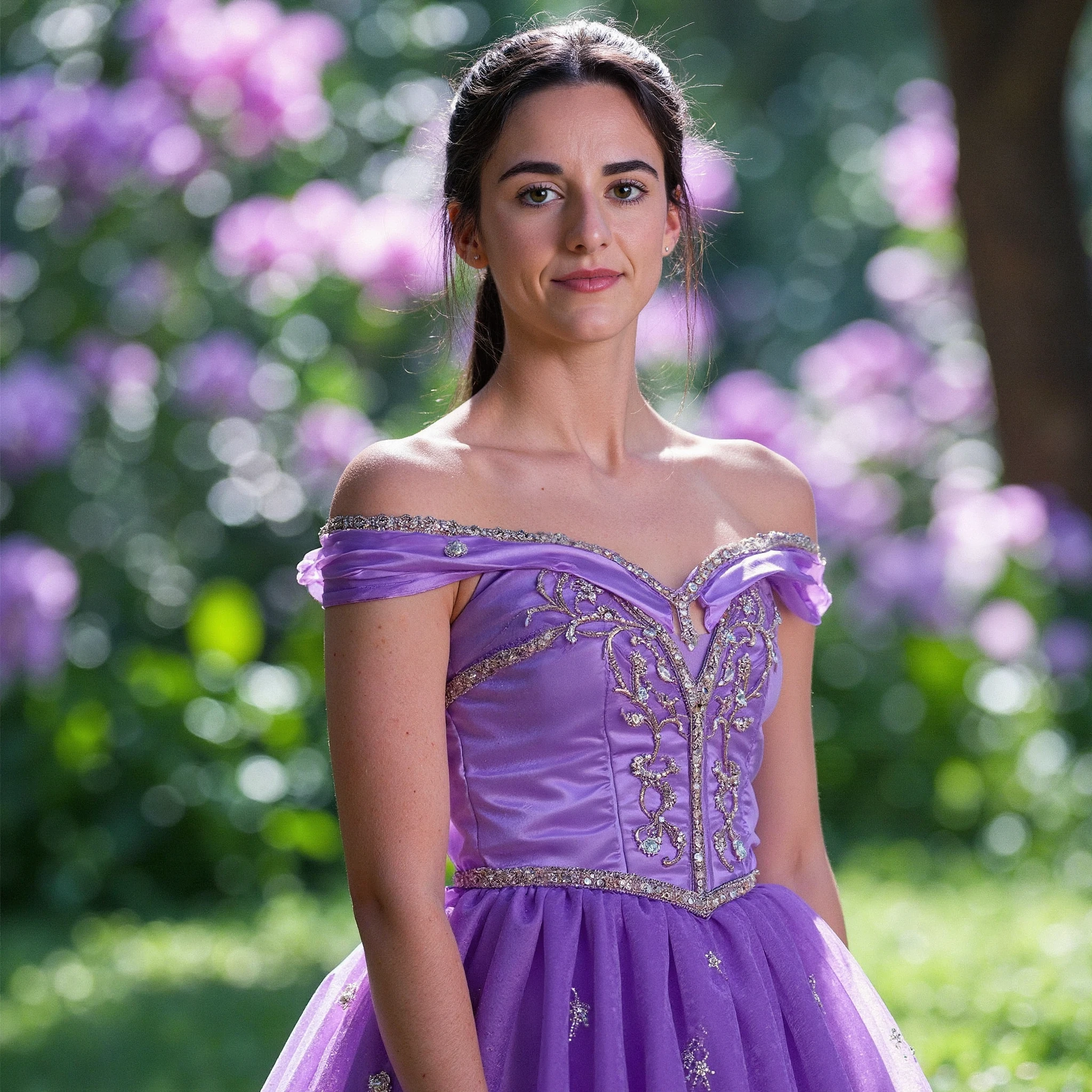 Central Figure: The image features c4itcl4rk in a professional studio headshot, elegantly portraying a modern-day disney princess. She is dressed in a beautifully detailed purple dress that drapes gracefully over her shoulders, exuding a sense of regal charm. The dress is adorned with delicate embroidery on the bodice, and the soft, flowing fabric captures the essence of a fairy-tale princess. Her hair is tied into a ponytail, styled to enhance its natural volume and shine, framing her face with a captivating allure. She has Straight hair. Her expression is composed and serene, with a subtle, warm smile that radiates grace and poise, perfectly complementing her enchanting attire. Pose and Expression: In this close-up headshot, she faces the camera with a calm and confident demeanor. Her posture is upright and poised, with her shoulders squared and relaxed. Her head is slightly tilted, adding a gentle softness to the composition. Her expression is one of quiet strength, with a serene smile that conveys a sense of inner peace and wisdom. Her eyes are bright and engaging, drawing the viewer in with their depth and intensity. The overall pose and expression capture the essence of a modern-day Rapunzel, blending grace and confidence with a timeless, fairy-tale charm. Background and Setting: The background is softly blurred, creating a bokeh effect that subtly hints at a lush, green environment. The greenery in the background is out of focus, adding depth and texture to the image without detracting from the central figure. The soft blur of the foliage evokes the serene atmosphere of a natural setting, while maintaining the polished, professional quality of the studio headshot. This combination of a controlled studio environment with the suggestion of a natural, outdoor setting enhances the overall elegance and timeless quality of the portrait, grounding the fairy-tale character in a more realistic and sophisticated context. Lighting and Ambiance: The lighting in the studio is carefully controlled to illuminate her features and the intricate details of her dress. Soft, even light falls across her face, highlighting her natural beauty and the smooth texture of her skin. The lighting also enhances the rich, deep tones of her purple dress, making the intricate embroidery shimmer subtly. Subtle shadows add depth and dimension, particularly around her hair, emphasizing its volume and the way it flows around her shoulders. The overall ambiance is one of elegance and sophistication, with the lighting creating a polished, professional finish that complements her poised expression and the fairy-tale nature of her attire. Camera and Technical Details: Camera Angle: The camera is positioned at eye level, capturing a close-up headshot that focuses on her face and upper shoulders, ensuring that her expression and the details of her Rapunzel-inspired outfit are clearly visible and central to the composition. Focal Point: The focus is on her face and upper body, with the background softly blurred to keep the attention on her while subtly hinting at the lush greenery behind. Aperture: f/2.8 to create a shallow depth of field, ensuring that she remains in sharp focus while the background fades into a soft, vibrant blur, adding to the serene and natural feel of the scene. ISO: 100 to take advantage of the controlled studio lighting, capturing the scene with clarity and maintaining the vibrancy of the colors. Lighting: The lighting is soft and even, with the studio lights providing a balanced illumination that highlights her features and attire without creating harsh shadows. Shutter Speed: 1/125s to capture the headshot with crisp clarity, ensuring that every detail of her expression and outfit is rendered with precision. Additional Details: The composition skillfully balances her elegance and the timeless beauty of her Rapunzel-inspired look with the soft, natural ambiance of the background. The close-up shot allows her serene expression and the intricate details of her dress to take center stage, while the soft, blurred greenery evokes the sense of a lush, peaceful environment. The controlled lighting enhances the overall sophistication of the image, creating a portrait that exudes grace, confidence, and a touch of fairy-tale magic. The overall scene is refined and polished, capturing the essence of a modern-day Rapunzel in a professional and elegant manner, with the subtle hint of nature adding depth and warmth to the image<lora:flux_realism_lora><lora:CaitlinClarkFlux_V1>