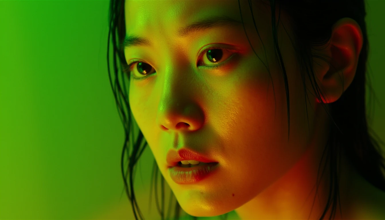 Cinematic, medium close-up of a young woman with wet hair, her face illuminated by both green and yellow light, the sharp contrast highlighting the water droplets on her skin, her lips slightly parted as she gazes off-camera with a look of contemplation, circa 2025, green + yellow palette, shot by Nikon D850 using Kodak Ektachrome, by Wong Kar-wai, the scene capturing a fleeting moment of introspection, with the green and yellow tones evoking a sense of warmth and melancholy