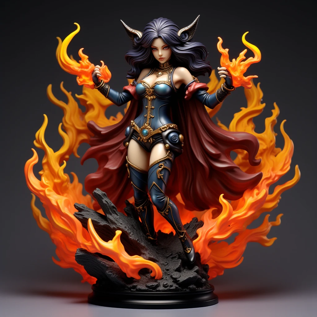 3Dfigure, A powerful sorceress with glowing eyes, summoning fiery magic with swirling energy surrounding her, <lora:3D Figure:1>