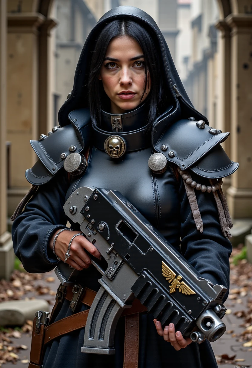 Imagine a photorealistic close-up portrait depiction of Carys, a beautiful woman with black hair, she is a sister of battle standing in the ruins of a gothic cathedral, holding a bolter in her hands