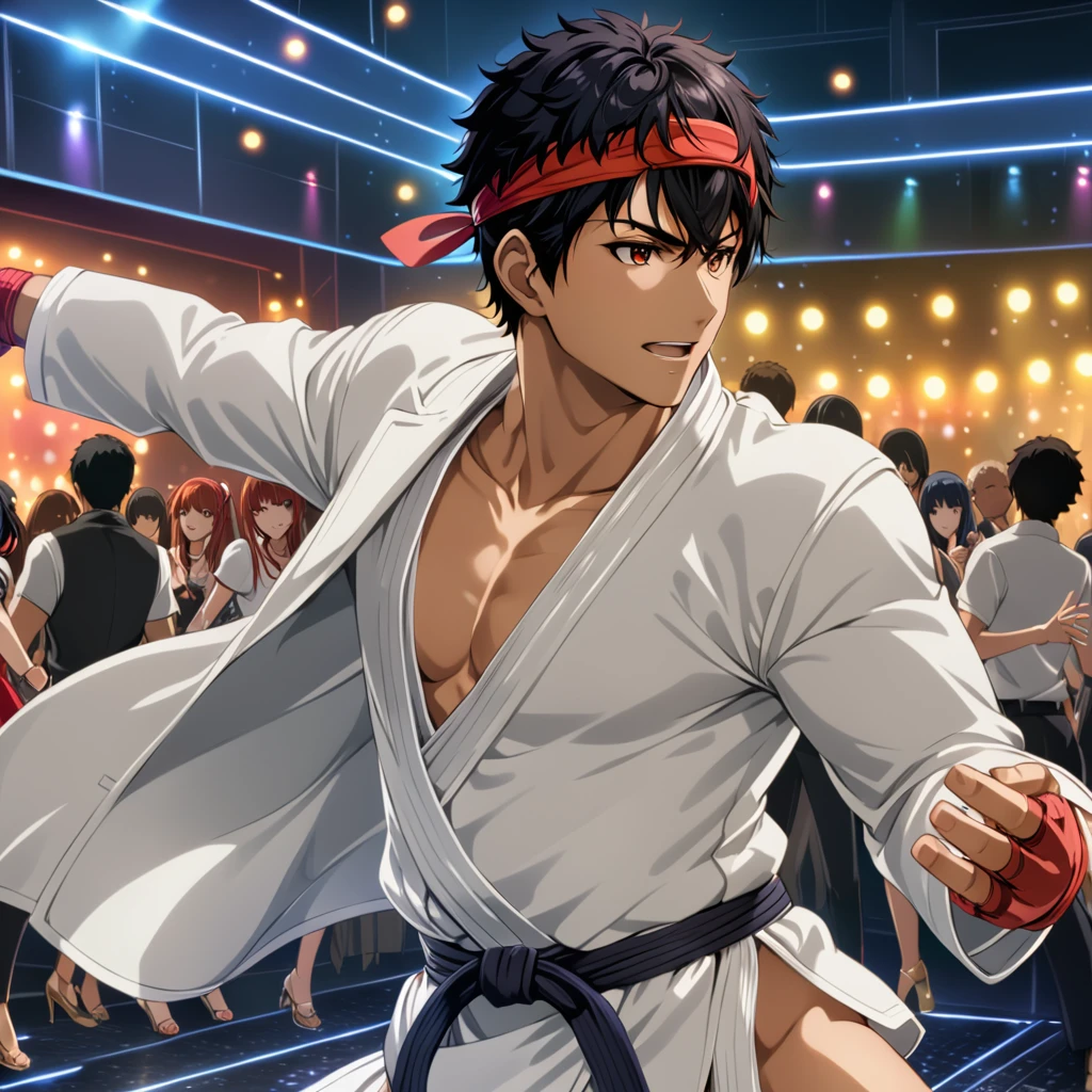 RyuSFXL, 1boy, <lora:RyuSFXL:.9>, white gi, red headband, dancing at nightclub, (anime, masterpiece, intricate:1.3), (best quality, hires textures, high detail:1.2), (4k),(incredibly detailed:1.4),UHD, 8K, ultra detailed