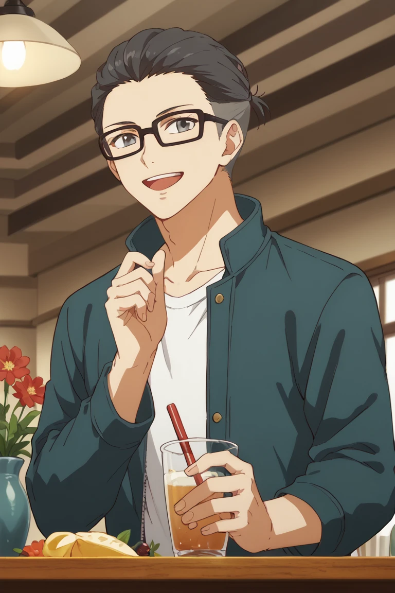 score_9, score_8_up, score_7_up, source_anime, rating_safe, KojiGIVEN, (black-grey_Koji_hair), black_Koji_glasses, 1boy, male focus, anime screencap, open jacket, white shirt, casual clothes, smile, open mouth, looking at another, hands with five fingers, blurry indoor cafe, solo focus, table, flower vase, from below, cute-sweet wallpaper, Midspring theme