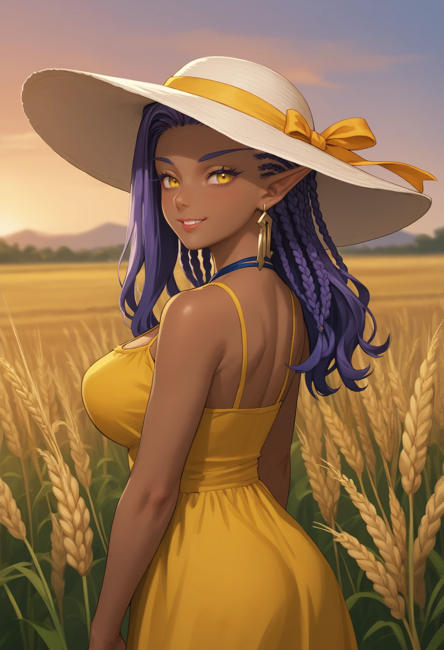 score_9, score_8_up, score_7_up, 1girl, elaishasub, pointy ears, dark-skinned female, yellow eyes, earrings, purple hair, long hair, sidecut, dreadlocks, large breasts,
yellow sundress, sunhat,
looking at viewer, smile, blush, parted lips, looking back, back,
outdoors, wheat field, sunset,
<lora:Subverse-Elaisha-PDXL_V1-Manityro-CAME:1.0>,