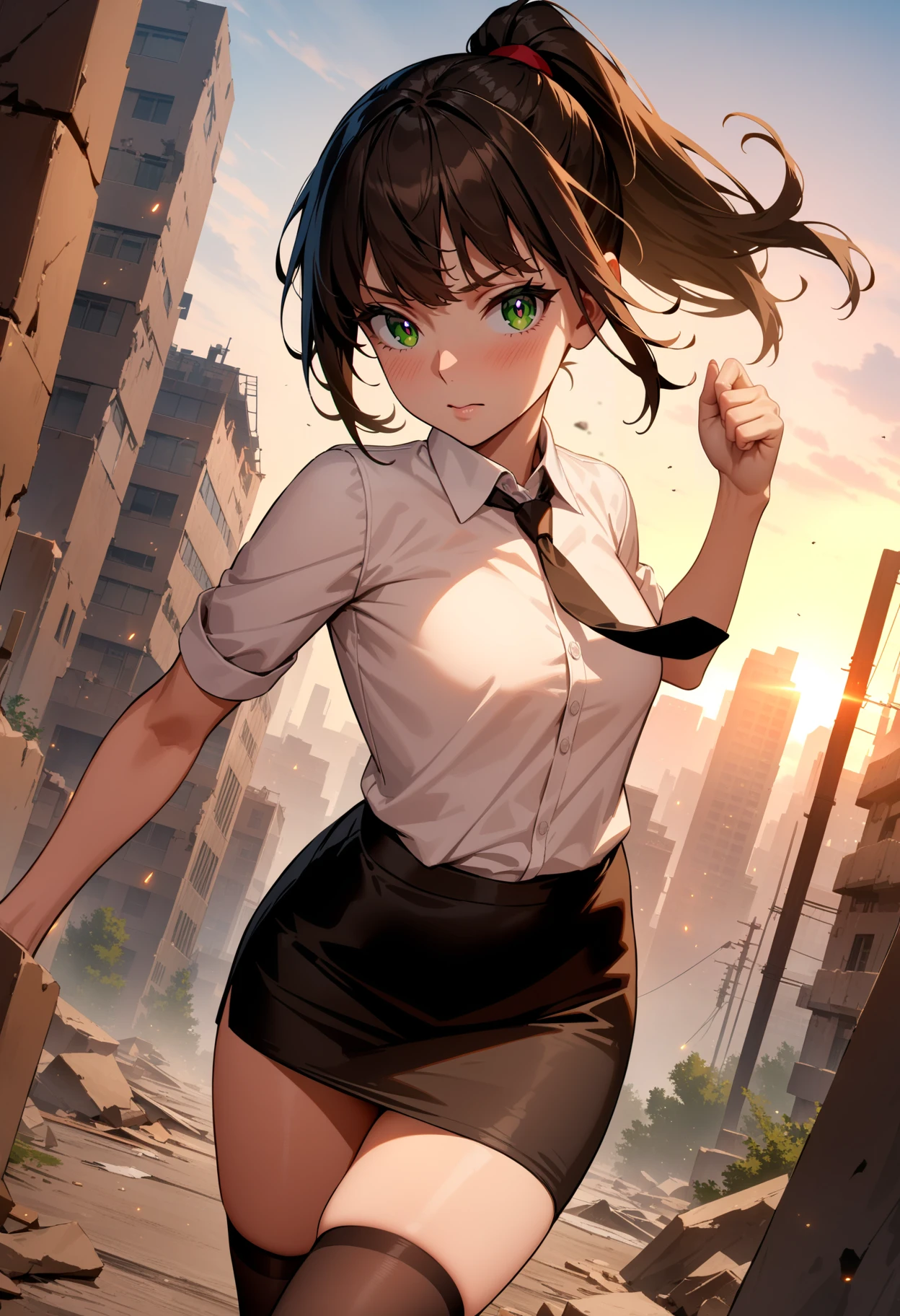 masterpiece,best quality,very aesthetic,absurdres,girl,solo,
<lora:Shoujo_v1+2+3:1>,shoujo03,ponytail,green eyes,white blouse,black tie,gray pencil skirt,black_thighhighs,loafers,<lora:Fixhands_anime_bdsqlsz_V1:1>,light_blush,cinematic_angle,looking_at_viewer,city,fighting_stance,rubble_ruins,, masterpiece,best quality, very aesthetic, absurdres, ultra detailed, high resolution, 4k, extremely detailed CG,