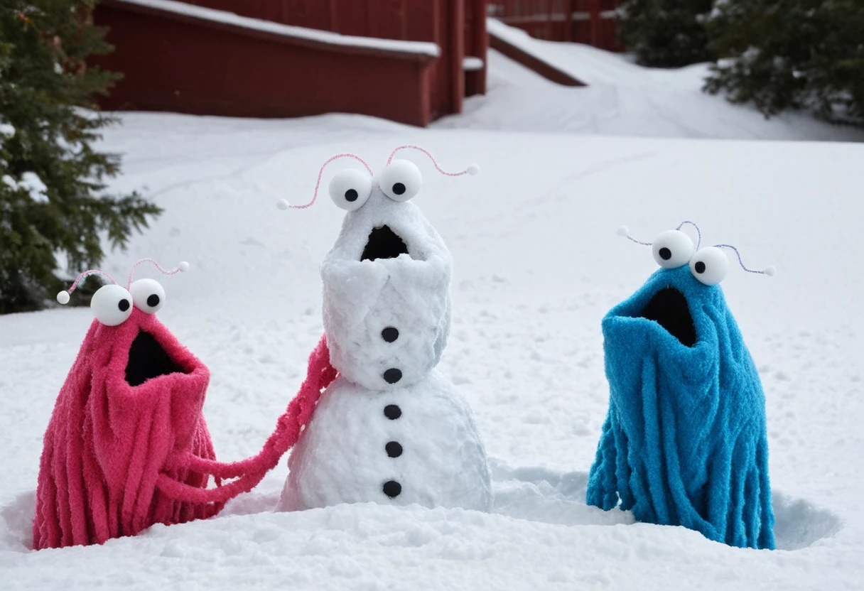 PHOTO OF YIP YIP MARTIANS MAKING A SNOWMAN,<lora:YIP YIP MARTIANS XL_V1:1>,