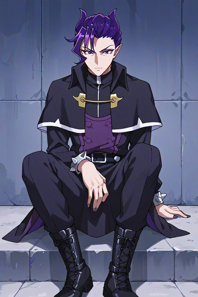 score_9, score_8_up, score_7_up, source_anime, rating_safe, KalegoWDI, (purple_Kalego_hair), purple_Kalego_eyes, 1boy, male focus, dark blue-white-gold_Kalego_capelet, dark blue-white_Kalego_long-sleeve turtleneck dress, grey_Kalego_spiked bracelet, black-grey_Kaelgo_belt, black-grey_Kalego_boots, sitting