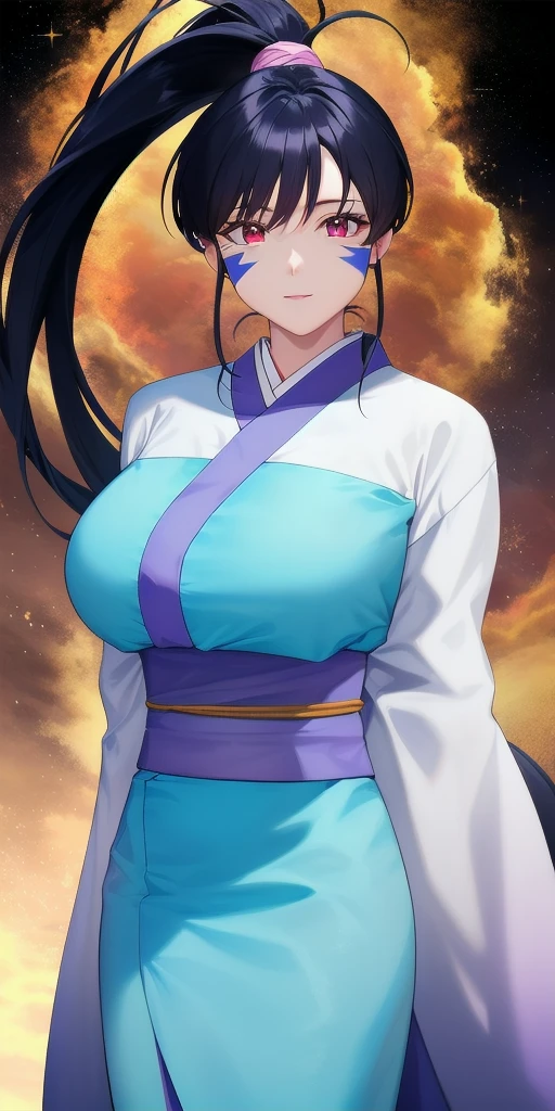 <lora:AchikaV5:0.7> masaki_achika_high_ponytail, huge_breasts, standing, solo, arms_behind_back, starry_sky, facial_mark_red_eyes_white_kimono_blue_trim_pink_back_bow_aqua_sash_wide_sleeves, masterpiece, best_quality, detailed_face, detailed_eyes, highres, beautiful, detailed, absurdres,