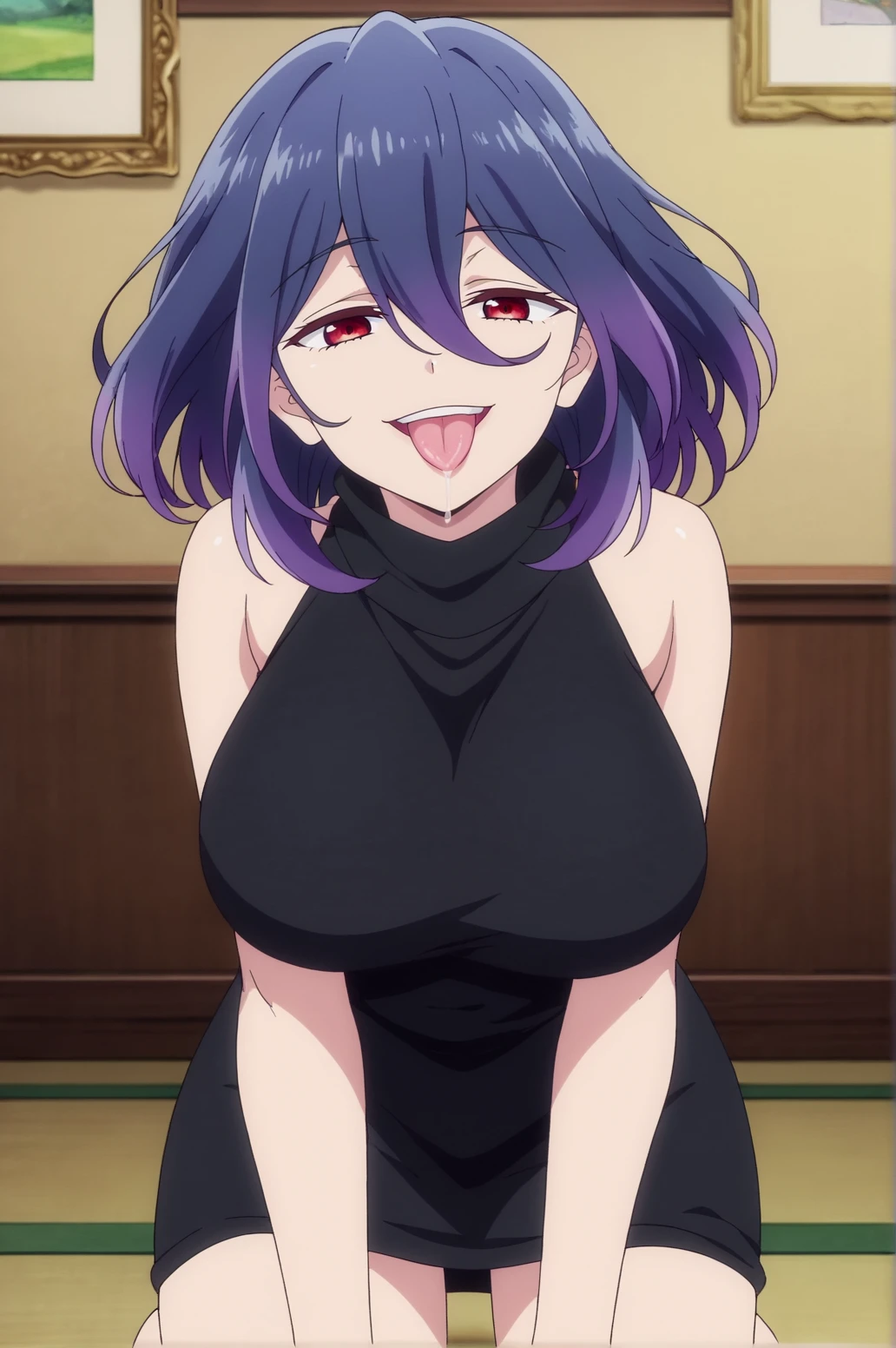 score_9, score_8_up, score_7_up,anime_source, source_anime, best background, detailed background, anime screencap,  Vermeil, black dress, indoors, sleeveless, smile, solo, black sweater, black turtleneck, black virgin killer sweater, naughty face, horny, cowboy shot, on knees, tongue out, saliva, <lora:JN_Vermeil:0.8>