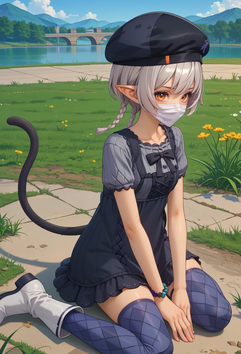 score_9, score_7_up, source_anime, BREAK <lora:AEArchie:0.8> AEArchie, animal ears, argyle clothes, argyle legwear, bead bracelet, beret, black bow, black dress, black headwear, blue thighhighs, boots, braid, brown eyes, cat tail, center frills, cross-laced, dark-skin, grey hair, grey thighhighs, grey shirt, low twintails, mole under eye, mouth mask, orange eyes, pointy ears, purple thighhighs, short dress, short hair, short sleeves, tail bow, twin brainds, watch, white footwear,
zettai tyoiki,
kneeling, from above, grass,