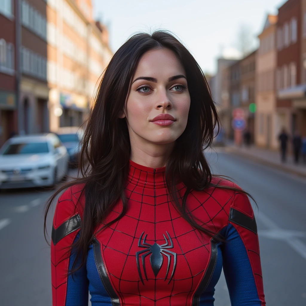 woman, light makeup,wearing a spiderman suit, on a street, solo shot