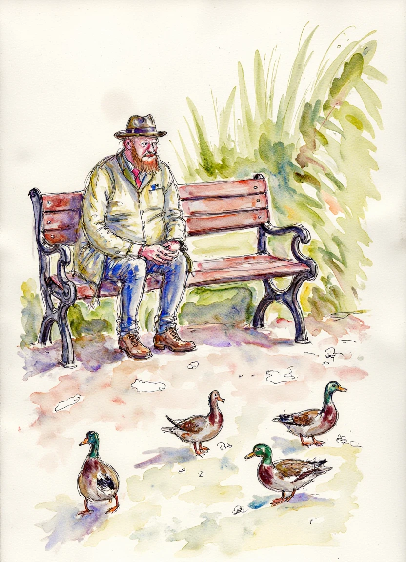 pen_watercolour_style, a man sitting on a park bench feeding the ducks