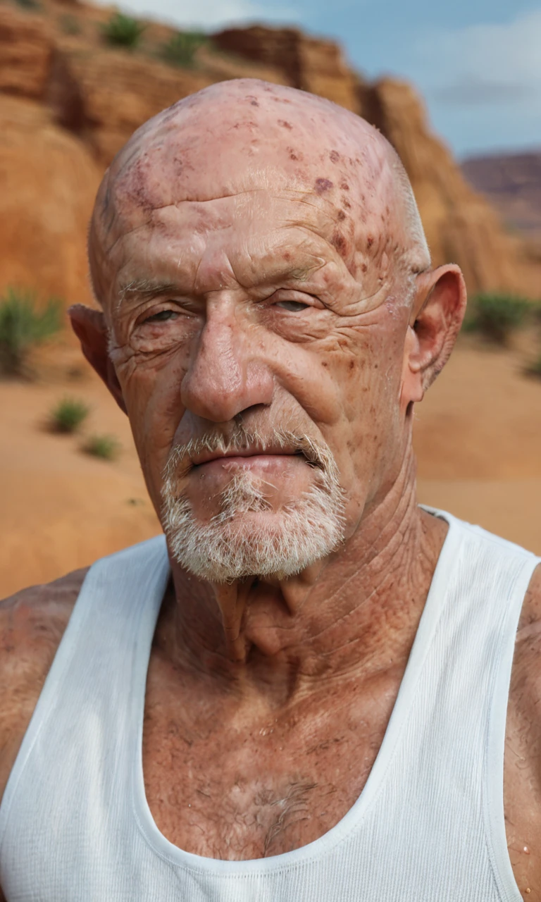 (detailed face:1.2),source_photo,score_9, score_8_up, score_7_up, score_6_up,solo,1boy,Jonathan banks,1boy, old, old man,bald,upper body,white singlet,on desert,outdoor