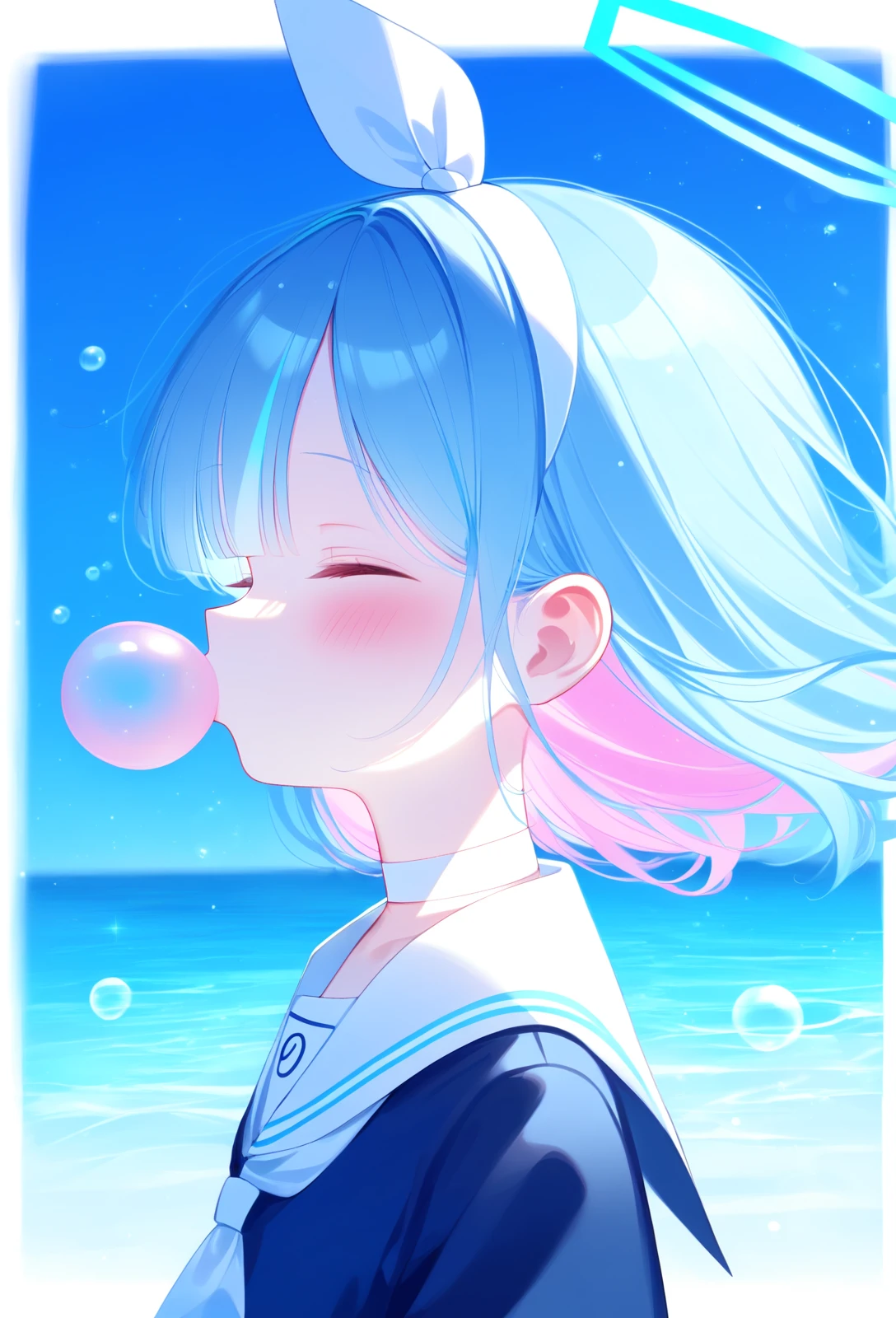 arona (blue archive), 1girl, solo, blush, short hair, shirt, long sleeves, holding, (blue hair:1.1), uniform, upper body, closed eyes, streaked hair, (pink hair:0.8), multicolored hair, hairband, choker, serafuku, sailor collar, halo, from side, profile, blue shirt, colored inner hair, white sailor collar, bubble, white hairband, white choker, bubble blowing
 <lora:hstoigaf_pony_v3_autism_base_cherrypick:1>