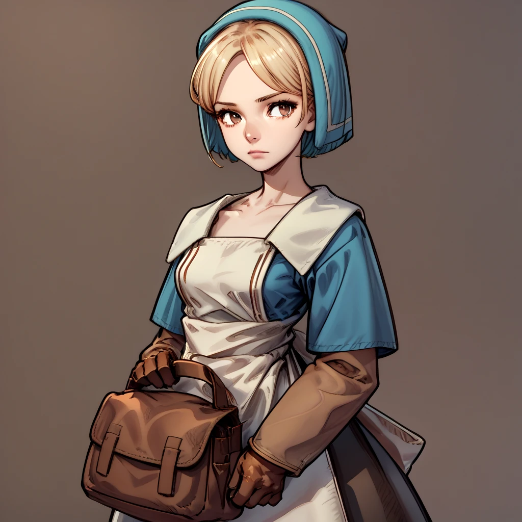 <lora:Final_Fantasy_Tactics_Chemist:1> fftchem, 1girl, solo, blonde hair, short hair, gloves, looking at viewer, apron, brown eyes, bag, brown gloves, portrait, dress, score_9, score_8_up, score_7_up, BREAK,, sketch, sketch manga style traditional media croquis colored (medium),, blank background,