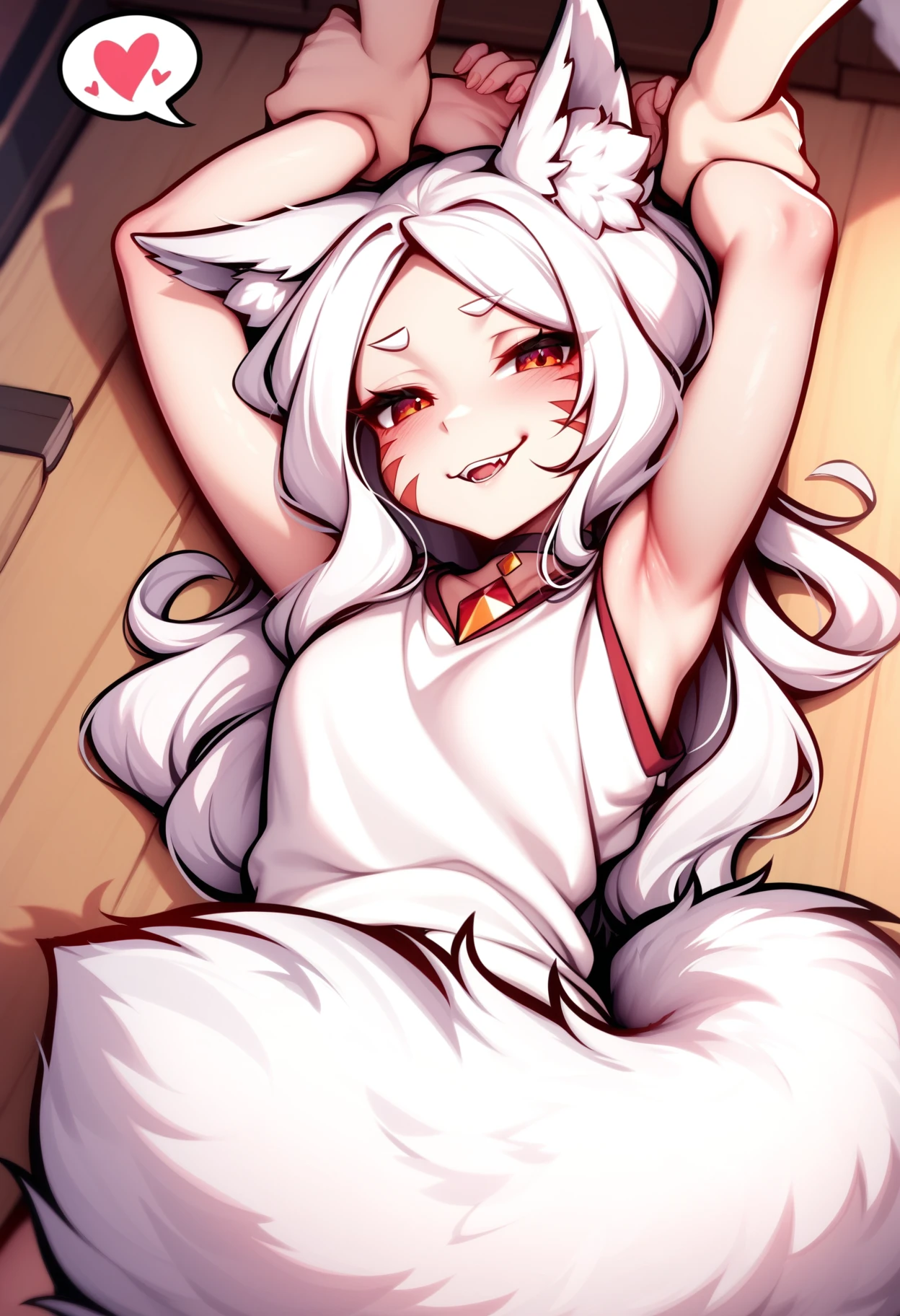 best quality, masterpiece, bold line, smooth shading,
1girl, shiro \(sewayaki kitsune no senko-san\), animal ear fluff, fox girl, fox ears, fox tail, eyelashes, white hair, long hair, red eyes, facial whisker markings, choker gem, sleeveless t-shirt, smug, (arms up:1.3), grabbing another's wrist, assisted exposure, lying on back, from above, spoken heart, tail censor, 
indoors, on floor