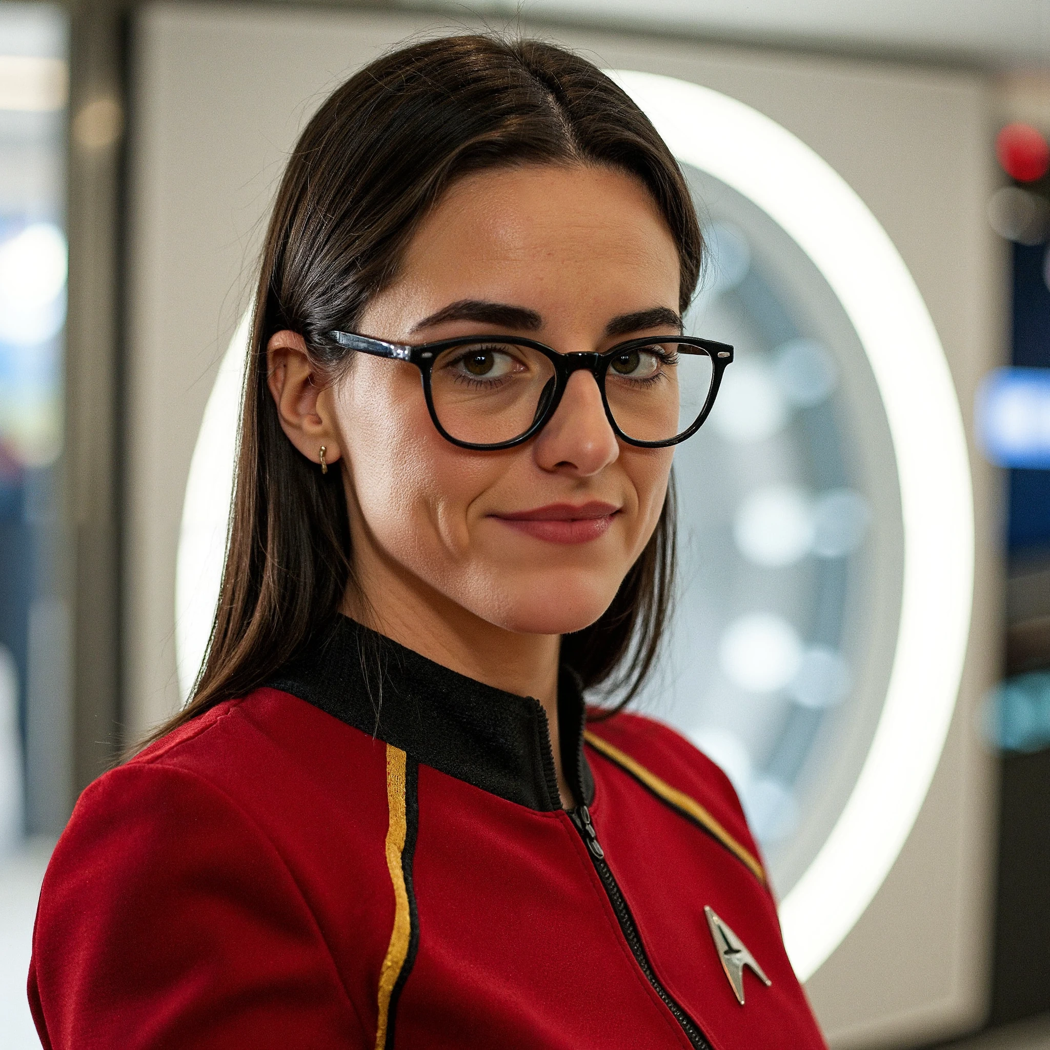 Create a portrait photograph of c4itcl4rk dressed in a red Star Trek the Next Generation uniform and wearing black framed glasses. The portrait should showcase her in a confident and powerful pose, with her shoulders relaxed and her facial expression strong and determined. Her hair is long and straight. The lighting should be bright and dynamic, with high-quality textures and details to create a realistic and polished image. Use high-quality textures and details to create a realistic and polished portrait photograph of ang3lr33se in her Star Trek the Next Generation setting.<lora:flux_realism_lora><lora:CaitlinClarkFlux_V1>