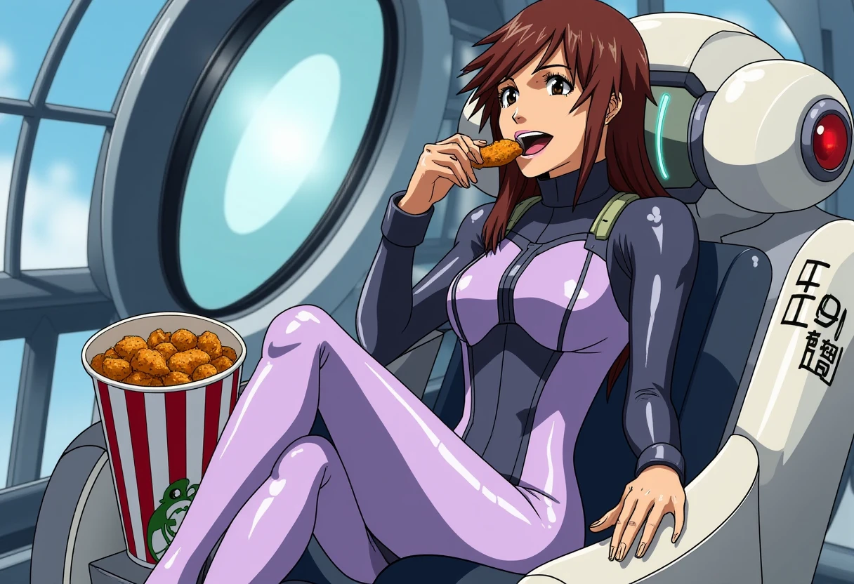 A detailed portrait of suzuharasakura. 
Anime style, sharp, high contrast and highly detailed. Ghibli anime style. Perfect anatomy. Perfect body ratio. No oversized head. No blurry, out of focus pictures. No simple background, no single color background. 
She wears a light purple plug suit,  a form-fitting light purple and black bodysuit with white and blue accents. The suit has a futuristic, sleek design, featuring detailed paneling and numbered "09" markings. 
She sits in a futuristic cockpit of an EVA robot, one leg over another. She is eating a bucket of KFC fried chicken, holding a drumstick with one hand and chewing with her mouth. She looks happy.
   <lora:Suzuhara Sakura - Flux prototype_epoch_5:1>