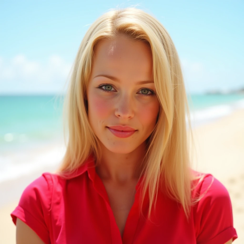 woman,, light makeup, blonde, conservative red shirt, beach, selfie, r3g1n4