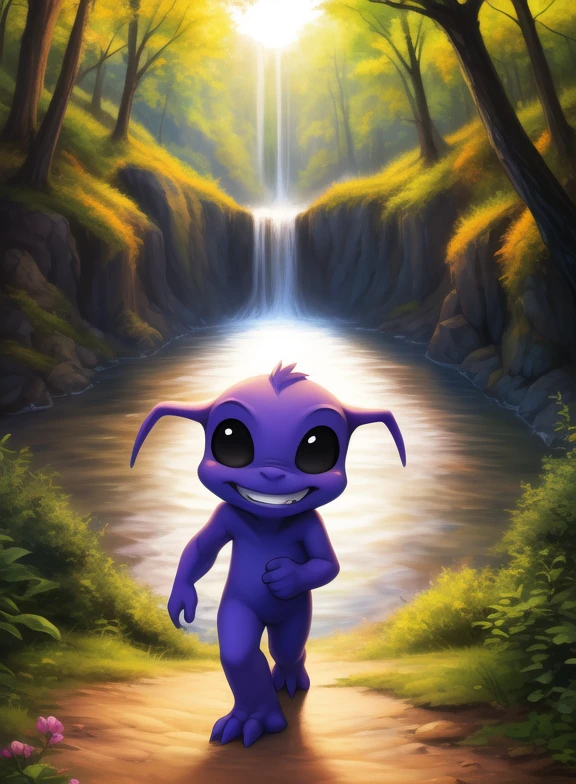 <lora:GremlinAmeDraJakLonYif:1>  GremlinAmeDraJakLon, gremlin, black eyes, black sclera, purple skin, chibi, small body,
Looks at the viewer, [  solo, (nature), forest, day, clouds, waterfall,  grin,] (walking, view from above,)
(beautiful, aesthetic, perfect, delicate, intricate, saturated colors), masterpiece, digital drawing, best quality,
[by dagasi|ancesra:0.6], [by foxovh|personalami:0.5], [by einshelm|tom_fischbach],