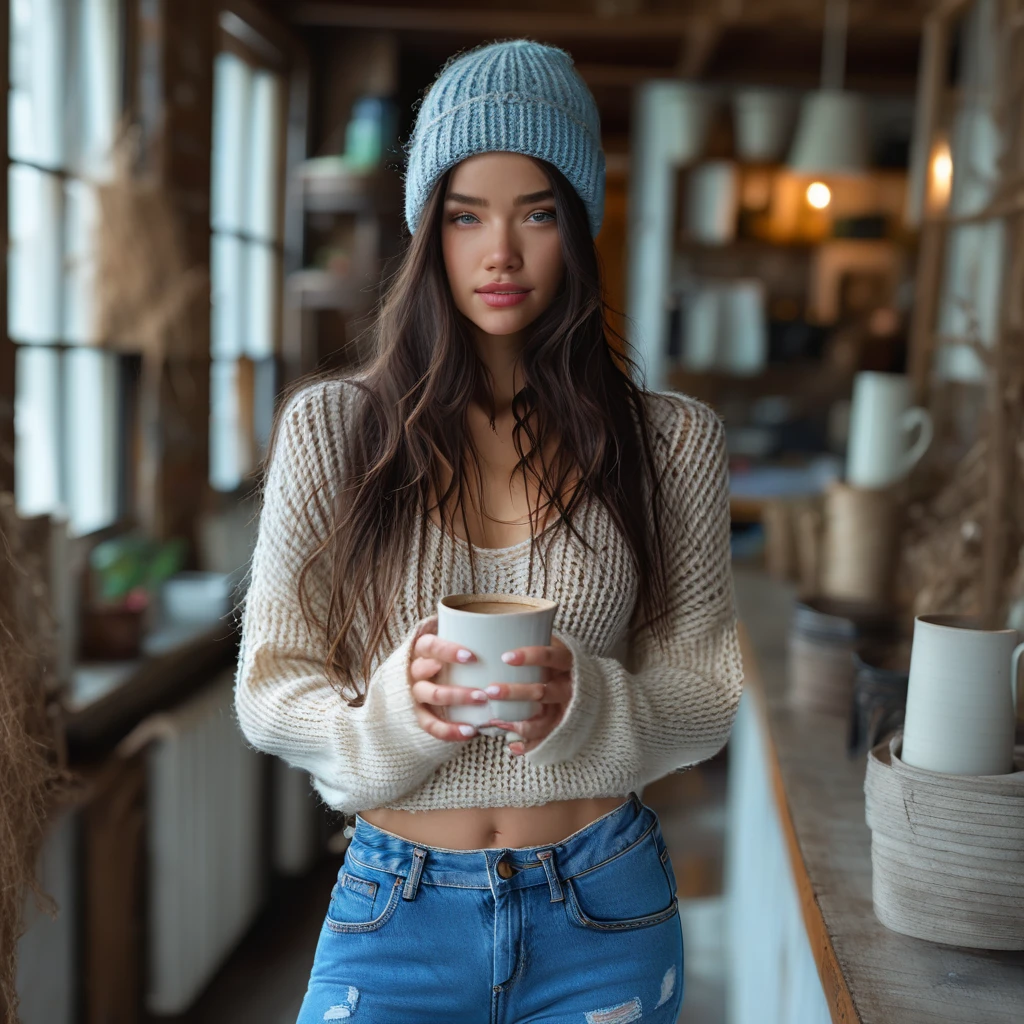 no bra, jeans, long hair, blurry, lips, mug, sweater, torn jeans, beanie, realistic, see-through, indoors, denim, solo