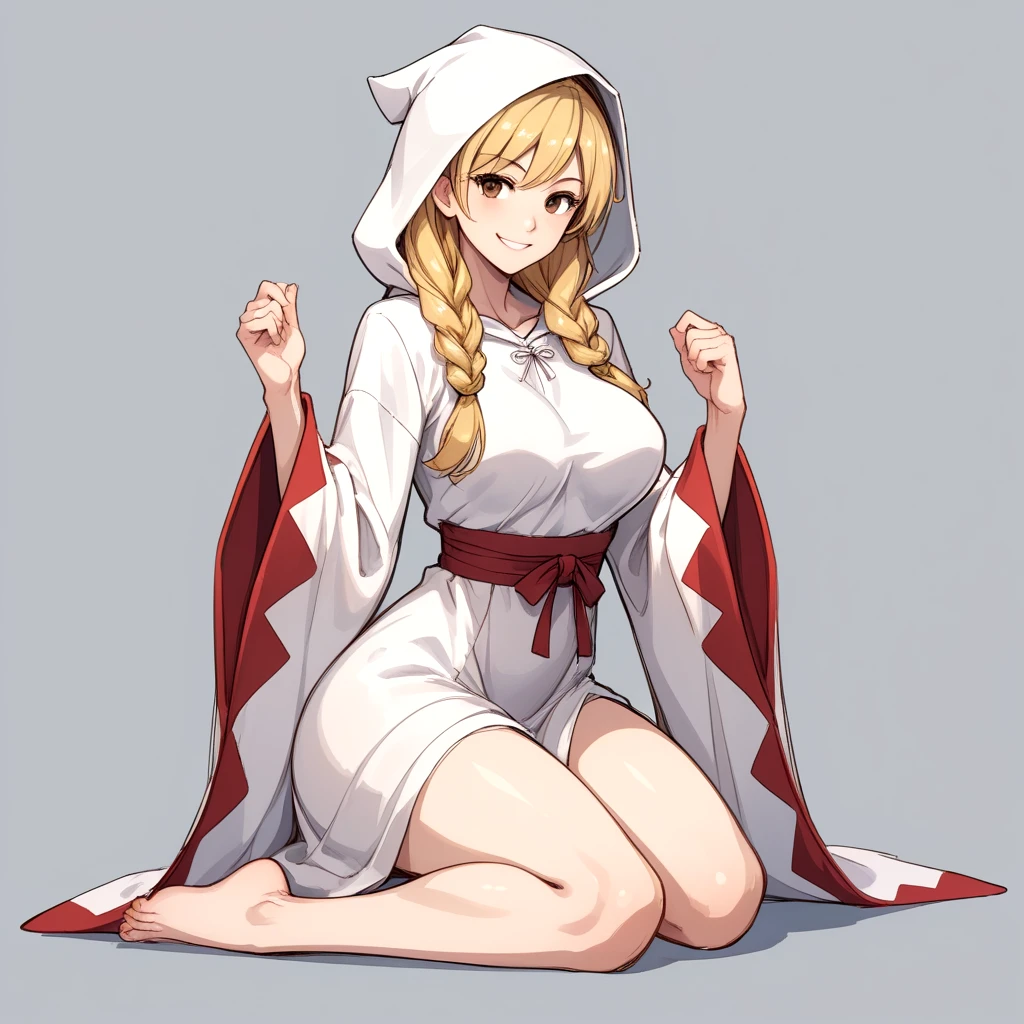 large breasts, (abs:0.5), <lora:Final_Fantasy_Tactics_White_Mage:.5> fftwhitemage, 1girl, solo, twin braids, hood, smile, braid, blonde hair, long hair, brown eyes, looking at viewer, hair over shoulder, robe, wide sleeves, breasts, sketch, sketch manga style traditional media croquis colored (medium),, score_9, score_8_up, score_7_up, BREAK,, sexy pose, sexy, slutty, seductive, flirty, flirt, posing seductively,, thin waist, tight body, athletic body,, strong legs, strong thighs, barefoot,