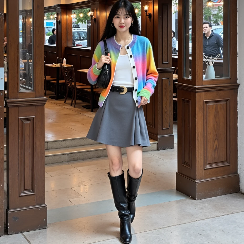 a Russian girl is wearing a rainbow-colored unbuttoned jzsweater, which gives a relaxed yet sophisticated touch to her look.   paired with a grey skirt that flares out in an A-line silhouette.    Completing her ensemble are a pair of black boots , adding a modern edge, and she carries a black clutch bag that complements her attire.  She is standing in an interior hallway or aisle.  The background reveals the interior of a cafe or a similar establishment, with wooden door frames, chairs, and tables, indicating that this is a public space, likely intended for dining or social gatherings.    The environment is well-lit, casting a bright and inviting ambiance throughout the scene.