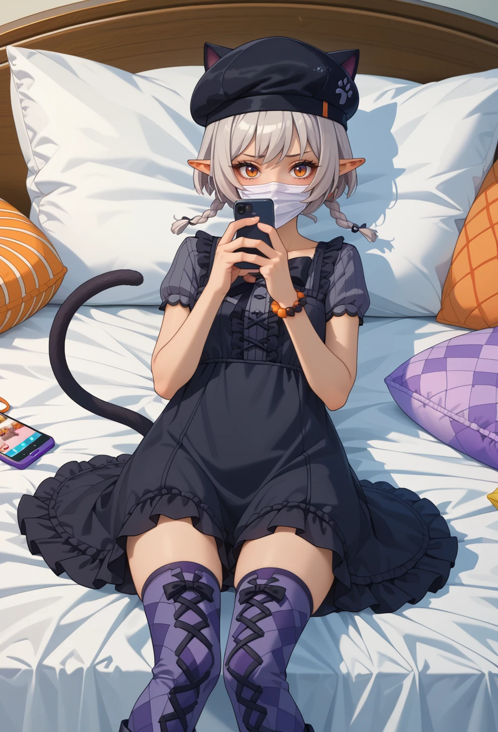 score_9, score_7_up, source_anime, BREAK <lora:AEArchie:0.8> AEArchie, orange eyes, brown eyes, grey hair, short hair, low twintails, twin brainds, pointy ears, animal ears, braid, cat tail, dark-skin, mole under eye, tail bow, mouth mask, black headwear, beret, black bow, grey shirt, short sleeves, black dress, short dress, center frills, bead bracelet, watch, argyle legwear, grey thighhighs, purple thighhighs, blue thighhighs, boots, cross-laced, white footwear, zettai tyoiki, 
on bed, on back, on pillow, playing games, holding phone, bored,