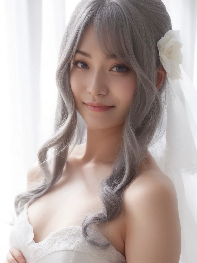 score_9, score_8_up, score_7_up,
1girl, solo, realistic, looking at viewer, 
grey hair, long hair, smile, 
breasts, small breasts, navel,
wedding dress, 
standing,
in studio, white background,
<lora:tw_coser02_pony:0.9>