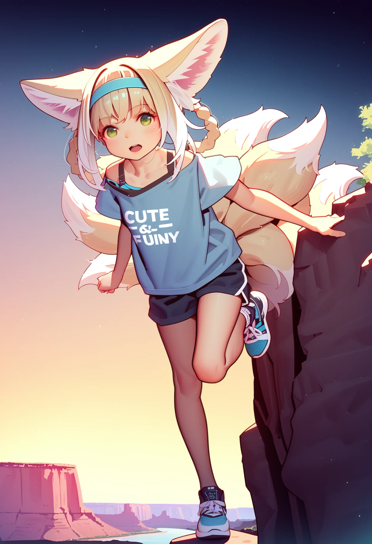 (by muk \(monsieur\):0.8), (by merrytail:0.7), best quality, masterpiece,
1girl, suzuran \(arknights\), fox girl, fox ears, fox tails, kitsune, blonde, hair, hair rings, green eyes, blue hairband, blue t-shirt with text "Cute & Funny", shorts, standing on one leg, balancing on cliff, full body,
Grand Canyon, Colorado River, Arizona, epic landscape