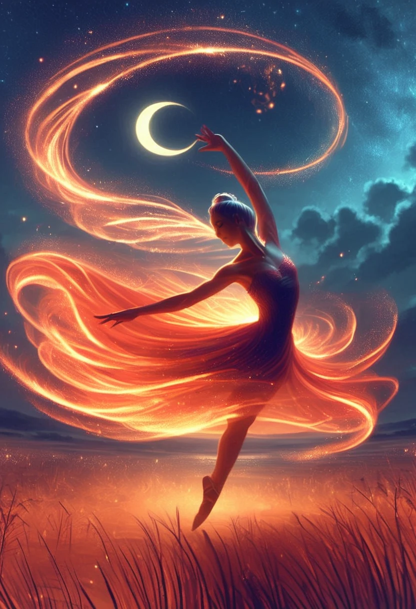 score_9, score_8_up, score_7_up, firegoddess, 1woman, moon, solo, fire dress, sky, night, single hair bun, hair bun, star (sky), crescent moon, dancing, ballet