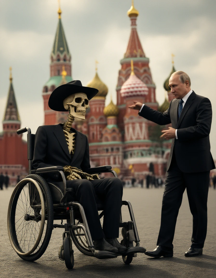 skeleton wearing a cowboy hat sitting in a wheelchair being pushed by russian president vladmir putin through red square, HDR10, 24 bit color, Dolby Digital, Kodak, IMAX, ultra-realistic, realism, photograph, octane render, unreal engine 5, cloudy skybox, dynamic lighting,  16k, ray-tracing,  <lora:Vladmir_Putin_Flux:1>