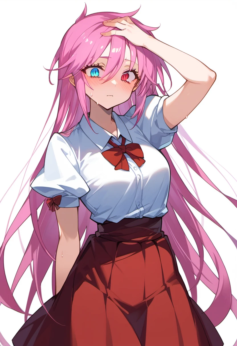 score_9, score_8_up, score_7_up, source anime, kurusu miki, 1girl, long hair, blue eyes, red eyes, slit pupils, red skirt, red bow, pink hair, blush, breasts, very long hair, hair between eyes, white shirt, solo, puffy short sleeves, hand on forehead, sweat on face, white background, <lora:kurusu_miki-xl-pony-v1:1>,