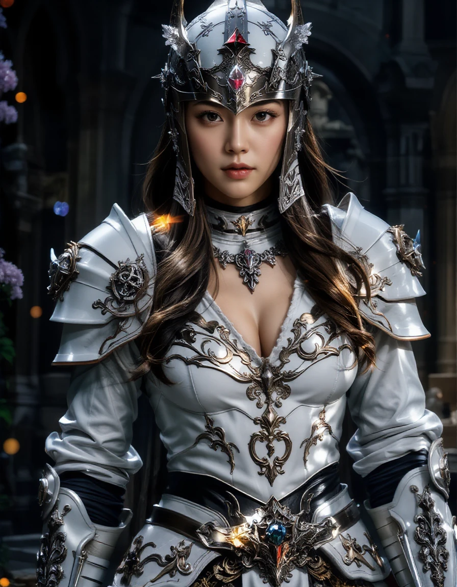 1girl standing along with full white armor, helmet with crystal, show breasts, cleavage,
action to viewer, hand on a ornate sword,
seems to be a representation of a knight,
hot spring background, dark theme,
which is positioned vertically, wearing a costume,
high key light, rim light, spark rainbow light reflection,
holy armor
<lora:hinaFluxFantasyArmorMix-schnell_v1-rev1:0.8>
<lora:hinaFluxAsianMixLora-schnell_v1:0.9>