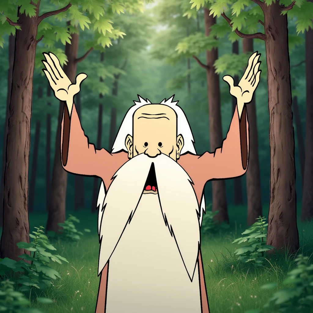 cartoon old man both arms raised up in a forest, long beard, long hair, long moustache, cmabite