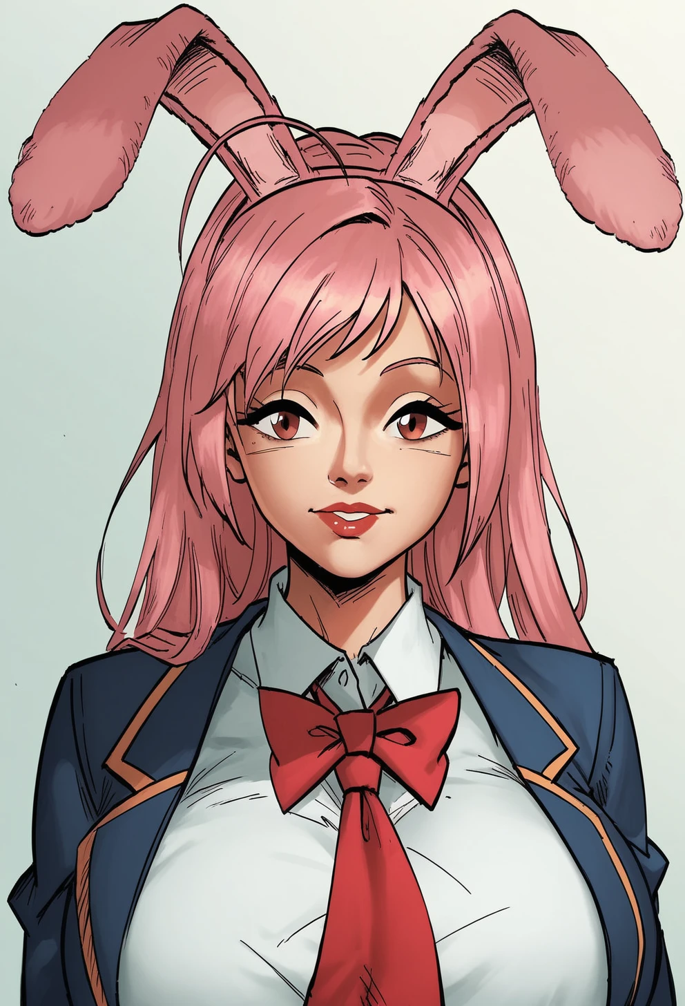 score_9, score_8_up, score_7_up,  <lora:hheroes:1.1> hh3r03s, 1girl, solo,portrait, huge breasts,school uniform,pink hair, bunny ears