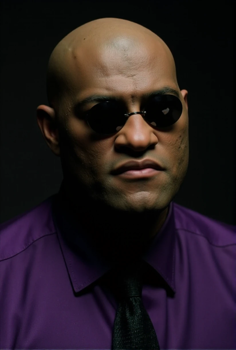 Morpheus is a bald man. He is wears sunglasses, a purple buttondown shirt, black tie. closeup face portrait. Detailed Skin. Matrix reflexion in the sunglasses <lora:Morpheus:0.9>