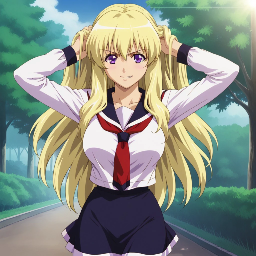 score_9, break, solo, fukuyama_lisa, blonde hair, long hair, purple eyes, school uniform, thighhighs, skirt,, hands in hair, smirk, busty, outdoors, tree, sunlight, natural lighting