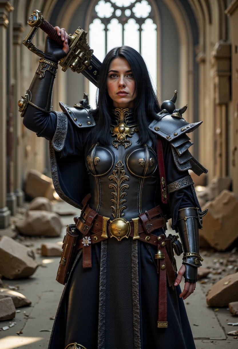 Imagine a photorealistic close-up portrait depiction of Carys, a beautiful woman with black hair, she is a sister of battle standing in the ruins of a gothic cathedral, holding a chainsword high above her head