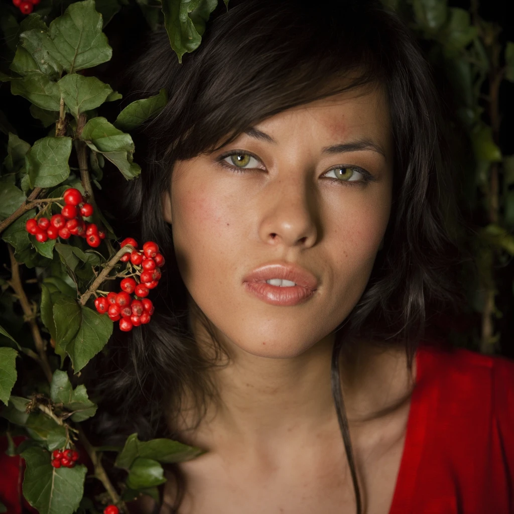 A portrait of mylene_jampanoi with fair skin and freckles, set against a dark background. She is surrounded by green leaves and clusters of red berries. The woman's gaze is direct and intense, and she wears a red shirt. The image has a moody and atmospheric style, emphasizing the subject's natural beauty and the interplay of light and shadow.