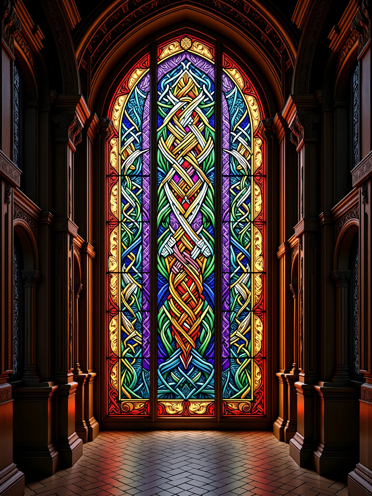 "mad-clrflvkngknt stained glass window in a church, lightray <lora:colorful-viking-knot-flux:1>"