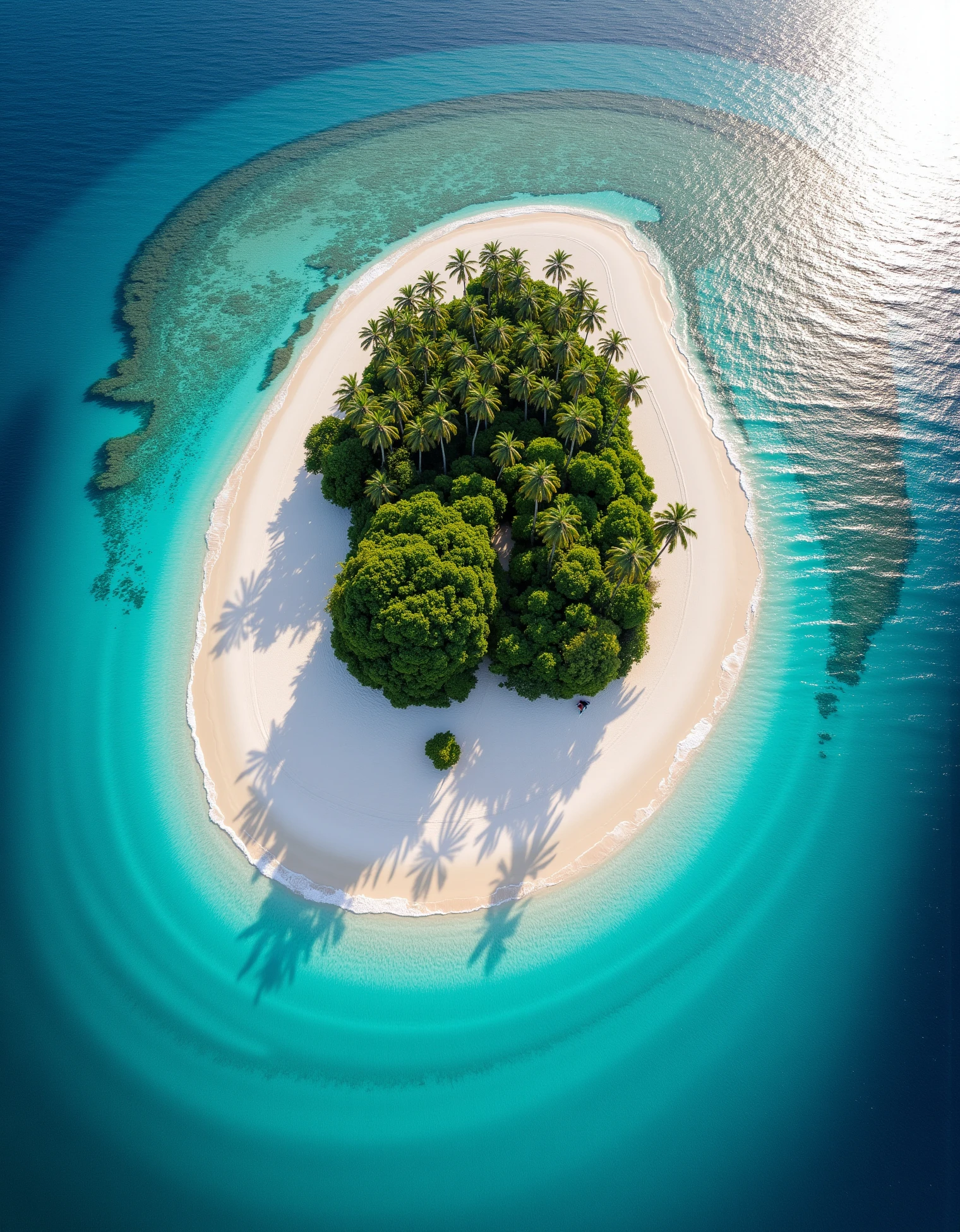 zavy-rlvw, Aerial shot of a secluded tropical island surrounded by turquoise waters, just as the sun begins to rise. The palm trees cast long shadows over the pristine white sandy beach. The ocean is calm, with gentle waves catching the first light of the day, and coral reefs are visible beneath the crystal-clear water