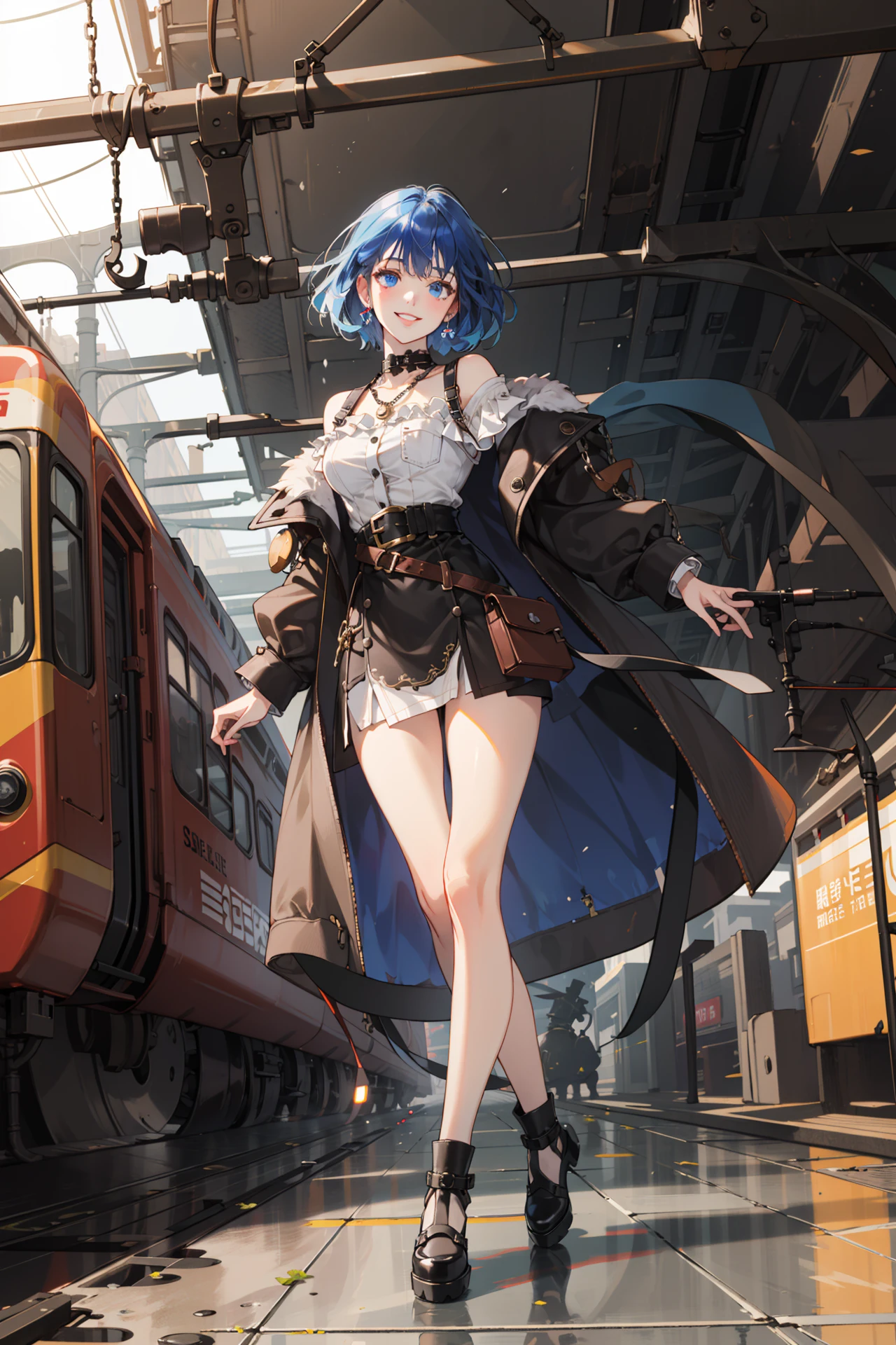 (absurdres, highres, ultra detailed, masterpiece, best quality), full body, dutch angle, finely detailed eyes and detailed face, intricate details, complex background, cinematic lighting, 1girl, solo, razor cut hair, blue hair, grey-blue eyes, depth of field, from directly below, smile, (album cover)
steampunk, rail, train station, glass ceiling, bronze bars, smoke, fumes, exhaust, fog, frost, noisy, complicated, cogwheel, gear, chain, pocket watch, clock, belts, leather jumpers