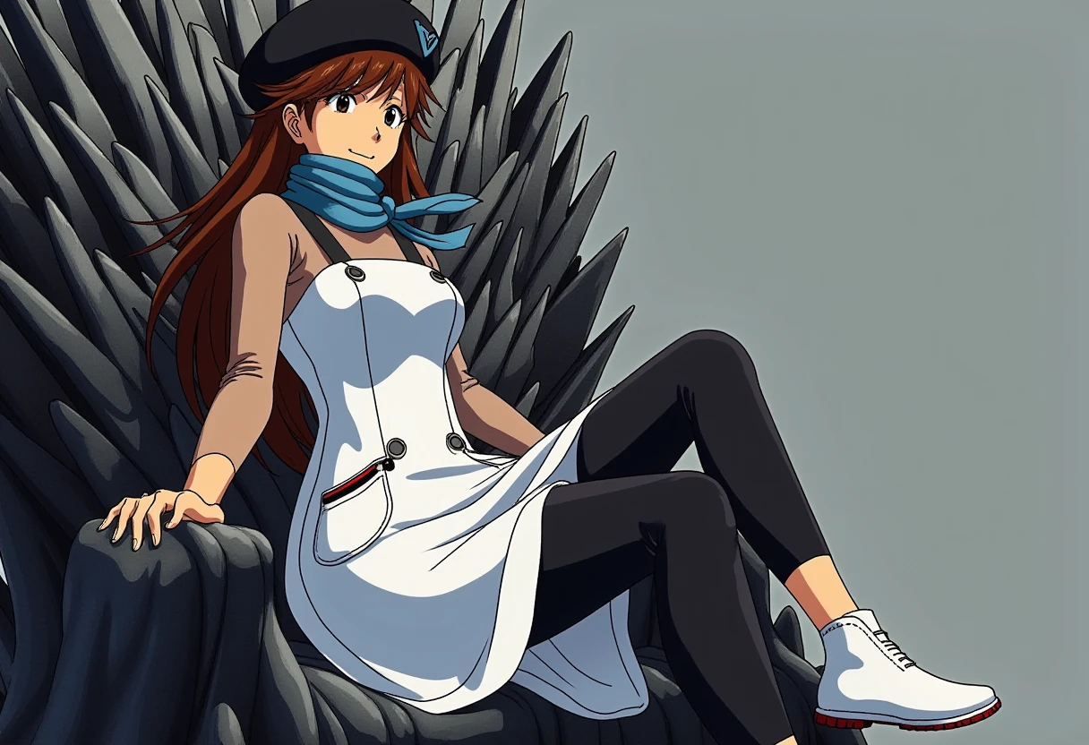 A detailed portrait of suzuharasakura. 
Anime style, sharp, high contrast and highly detailed. Ghibli anime style. Perfect anatomy. Perfect body ratio. No oversized head. No blurry, out of focus pictures. No simple background, no single color background. 
She is a white tunic-like dress with two front pockets and button details at the hips, over a long-sleeved brown top. The dress has black seam accents that give it a modern, streamlined appearance. She pairs this with black leggings and comfortable white shoes with a small red zipper design. The outfit is completed with a blue scarf around her neck and a black beret, giving her a casual yet chic vibe, with a hint of urban style. The ensemble blends practicality with a relaxed, fashionable look.
She is looking at the camera with a smile, making a wink with one eye close. She is sitting on the throne from Game of Thrones, one leg after another.
   <lora:Suzuhara Sakura - Flux prototype_epoch_5:1>