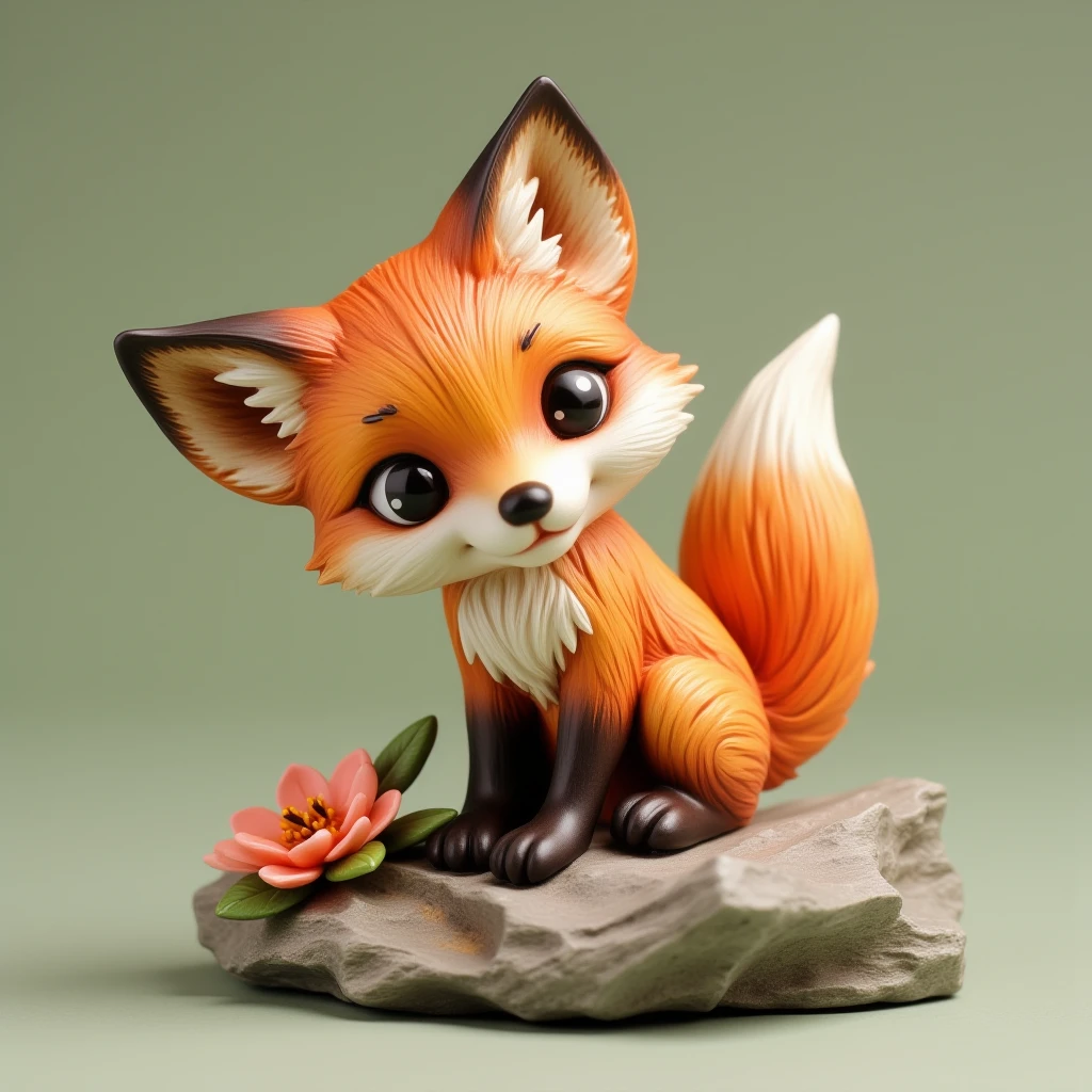 3Dfigure, A cute little fox sitting on a rock smelling flower