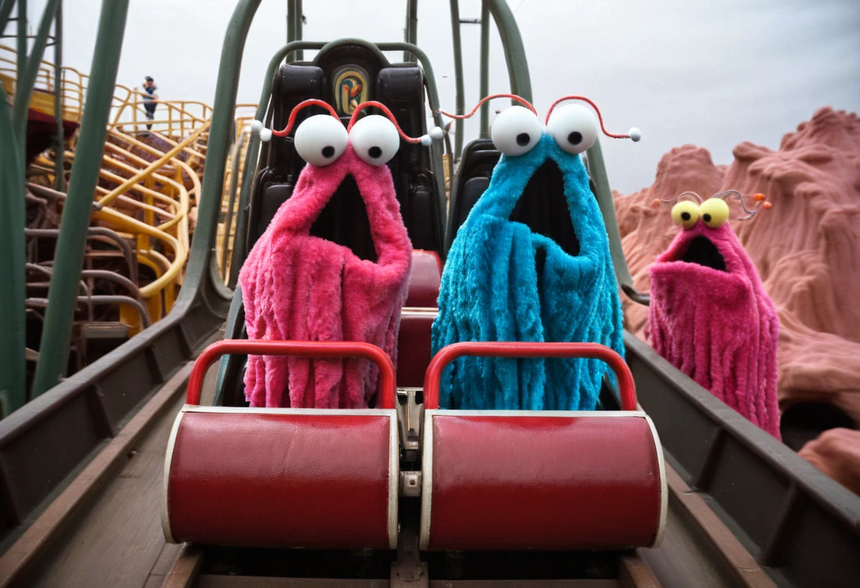 PHOTO OF YIP YIP MARTIANS ON ROLLERCOASTER,<lora:YIP YIP MARTIANS XL_V1:1>,YIPYIP,