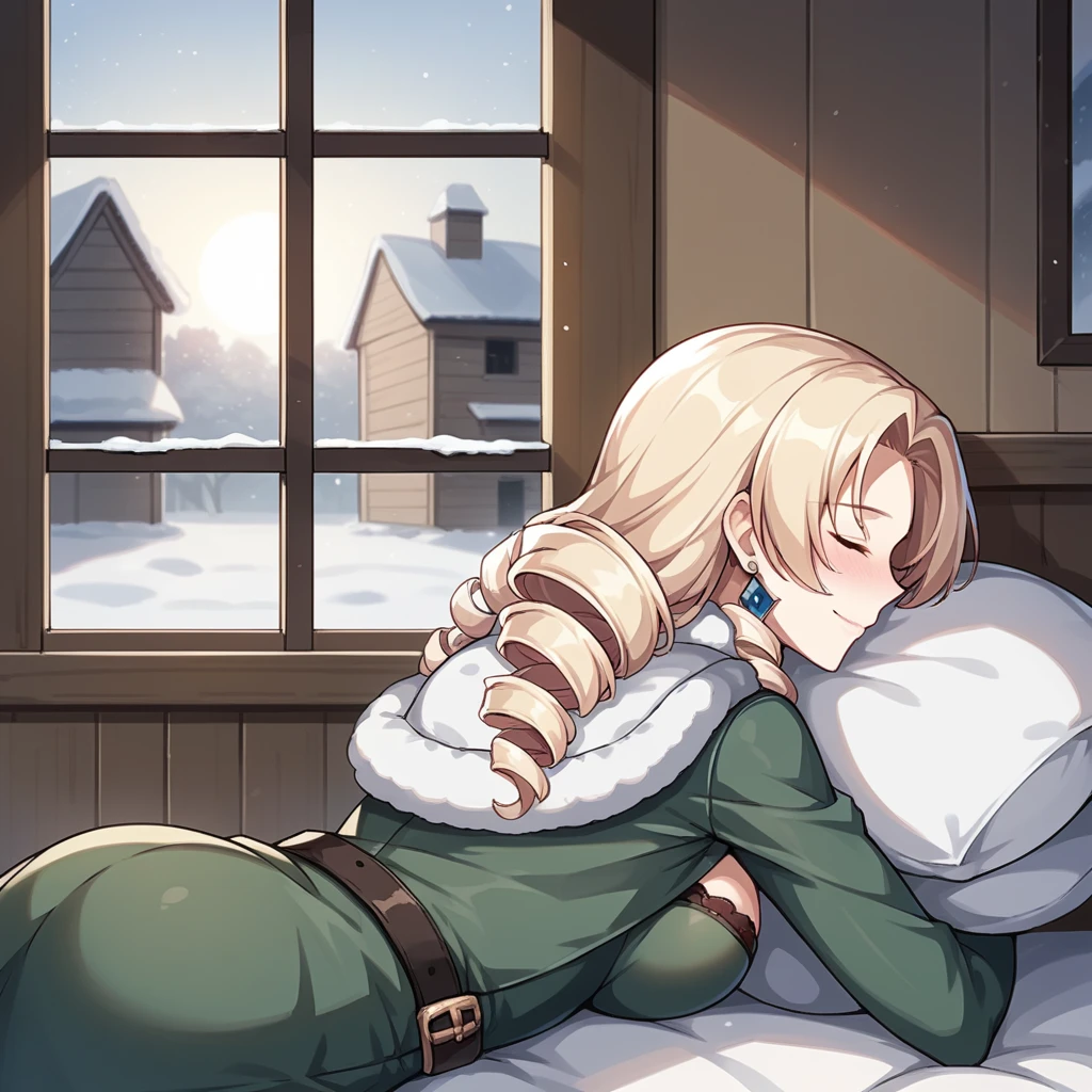 score_9_up, score_8_up, score_7_up, source_anime, masterpiece, best quality, 1girl, solo, Cocolia, Ccl_Def, sun light, window, winter, snow, warm light, wooden house, simple interior, lying on stomach, from side, hugging pillow, head buried in pillow, drunk blush, smile, closed eyes, blonde hair, drill hair, long hair, military uniform, green uniform, red inner cape, long skirt, green skirt, side slit, long sleeves, green sleeves, cleavage, black bra, green dress, earrings, belt, fur trim, fur-trimmed cape, mature body, dynamic cowboy shot, indoors, wooden interior background