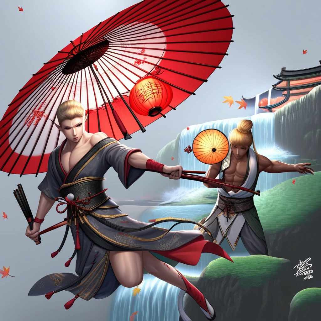 wux14, wuxia, wuxia style, outstretched arm, crop top, archery, red hair, paper lantern, kiseru, folding fan, grey background, east asian architecture, waterfall, hand fan, injury, falling leaves, oil-paper umbrella, toned male, fighting stance, blonde hair, jewelry, holding umbrella, pointy ears, 1girl, off shoulder, kimono, holding bow (weapon), 1boy, dark-skinned male